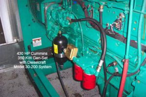 A green engine compartment with a red hose attached to the front of it.